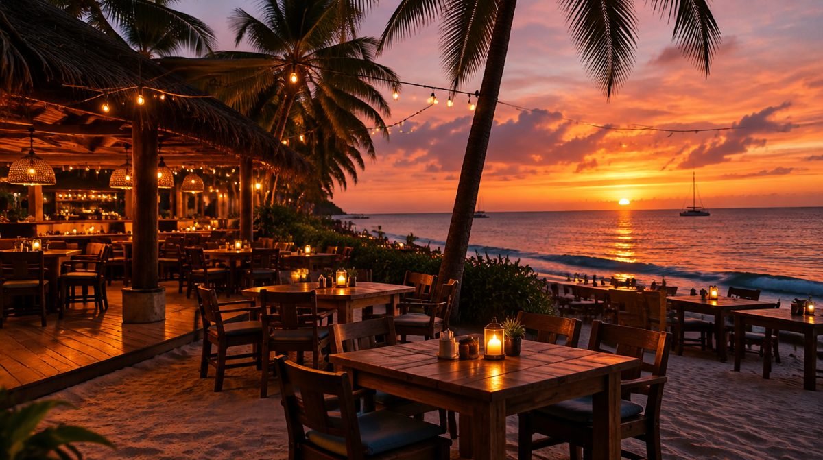 Restaurante frente al mar en la playa al atardecer