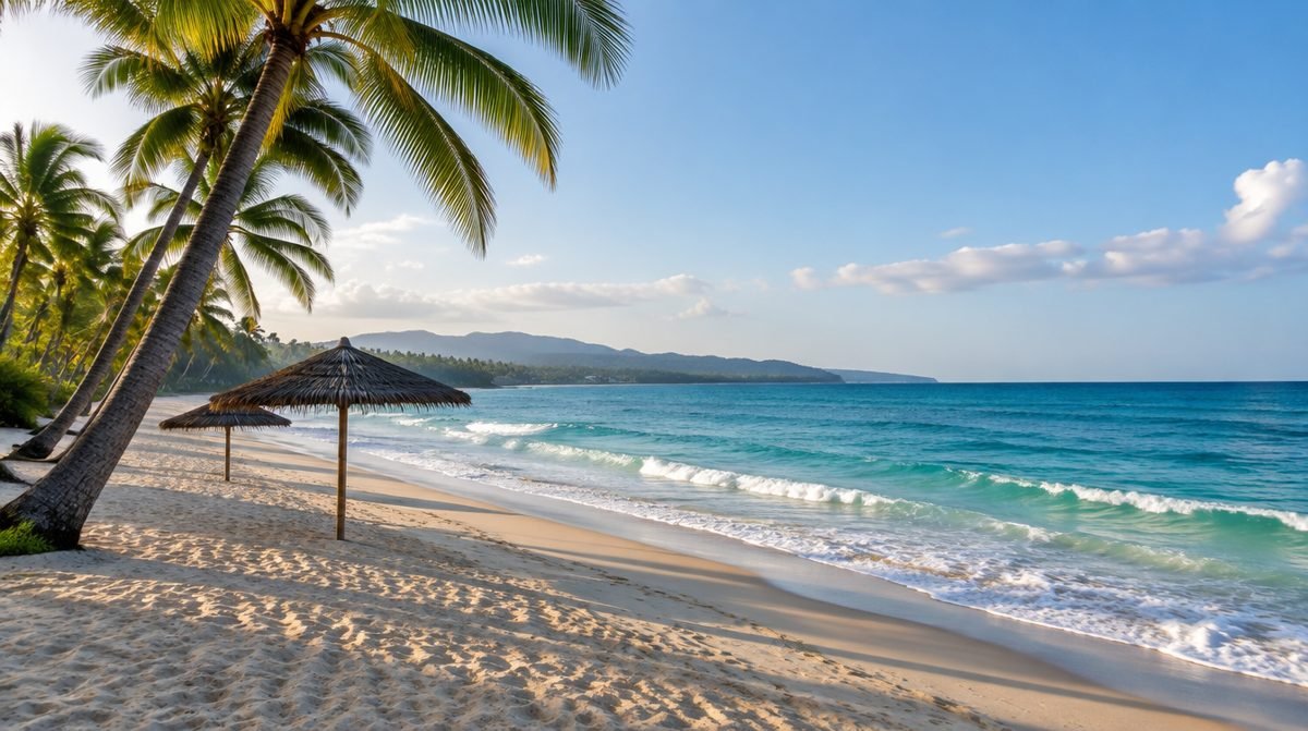 Playa de Cabarete al amanecer con palmeras y sombrillas de paja