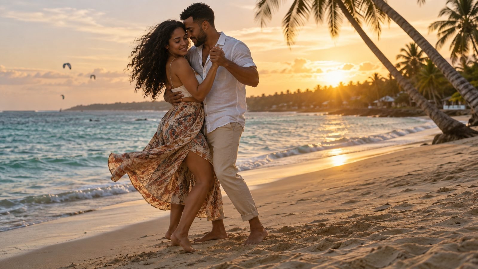 Pareja bailando bachata en la playa de Cabarete
