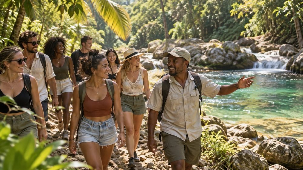 Grupo de viajeros con un guía local junto a un río en la costa norte