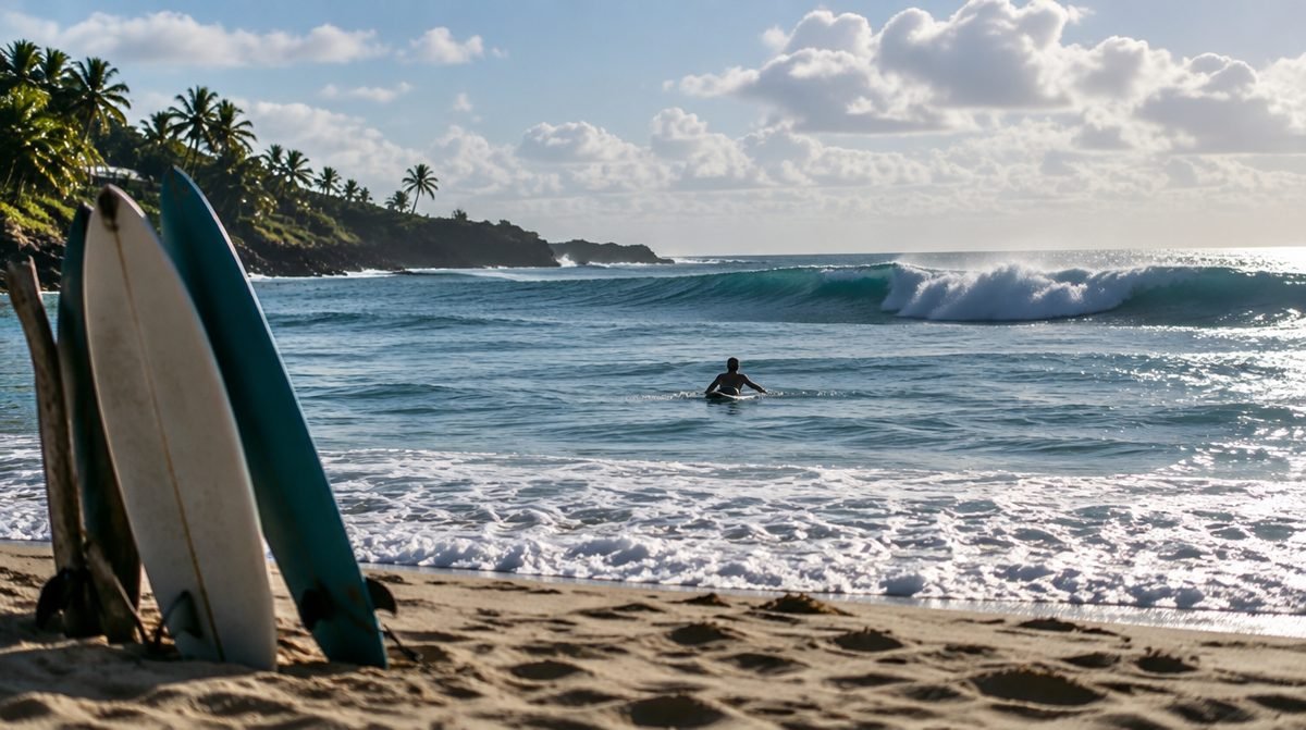 Surfista remando hacia el mar en Playa Encuentro
